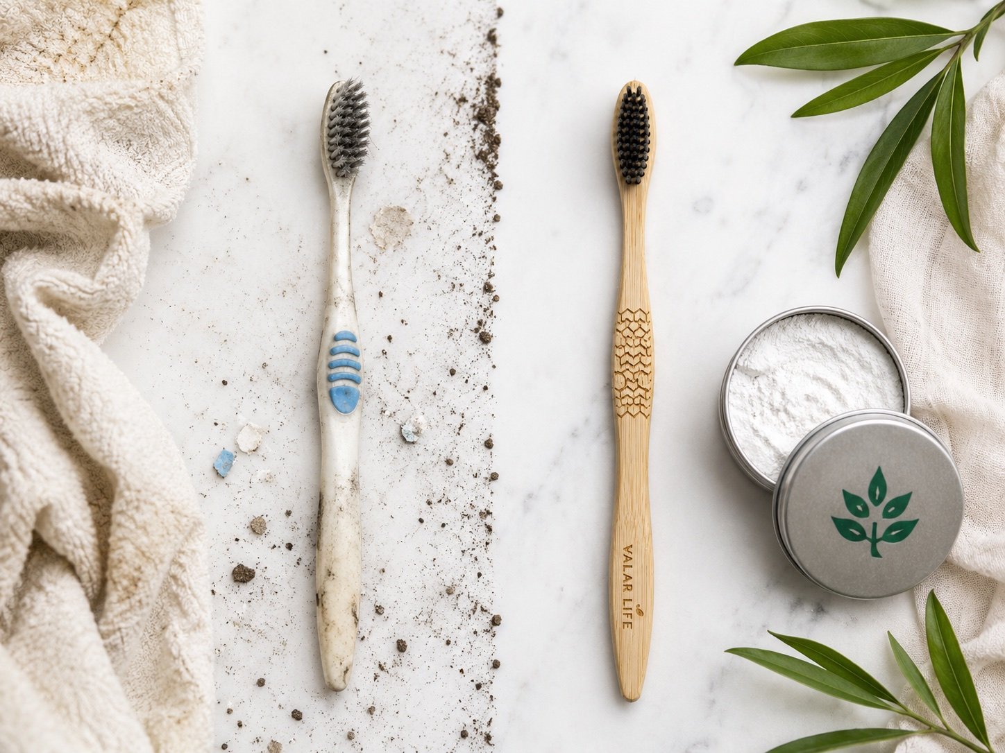 A used plastic toothbrush beside a Valar Life bamboo toothbrush