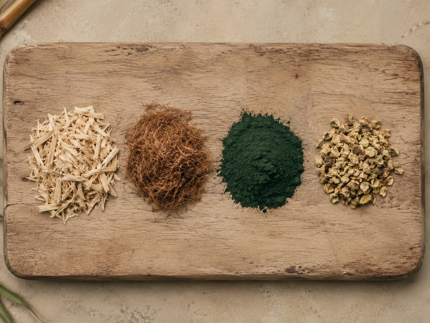 Bamboo, coconut coir, spirulina powder, and plant materials on a wooden board