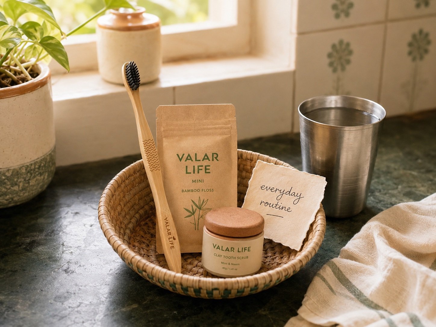Valar Life bamboo toothbrush and daily oral care products in a woven basket