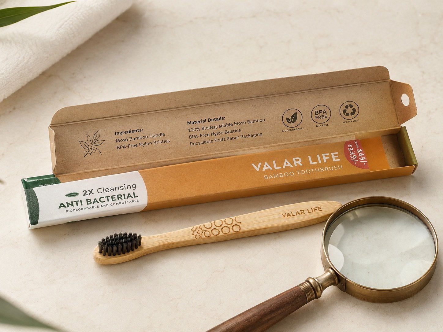 Open Valar Life bamboo toothbrush packaging showing its material details